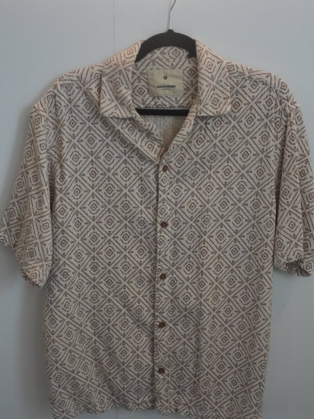 Jack & Jones Premium Camp Shirt Cream Brown Geometric Print Short Sleeve Men's L
